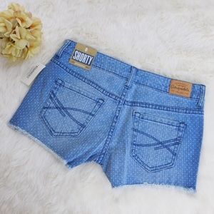 Aeropostale Womens Polka Dot Mid Rise Denim Shorts Size 0 Cutoff Jean Frayed Hem